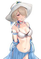  1girl absurdres bikini bikini_top blue_flower blue_jacket blue_rose breasts commentary cowboy_shot earrings flower front-tie_bikini front-tie_top grin hair_over_one_eye hat hat_flower highres honkai_(series) honkai_impact_3rd jacket jacket_pull jewelry light_brown_hair looking_back medium_breasts mole mole_under_eye navel neck_ribbon open_clothes open_jacket ribbon rita_rossweisse rose short_hair smile solo sun_hat swimsuit violet_eyes white_bikini white_headwear zhourues 