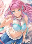 1girl arm_support blue_eyes bracelet breasts commentary_request fins head_fins highres jewelry kamishiro_ryuu laura_la_mer long_hair looking_at_viewer medium_breasts mermaid midriff monster_girl navel partially_submerged pink_hair precure sleeveless solo tropical-rouge!_precure water wet