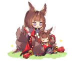  2girls :d amagi-chan_(azur_lane) amagi_(azur_lane) animal_ears azur_lane bangs bell blunt_bangs brown_hair commentary_request detached_sleeves eyebrows_visible_through_hair eyeshadow fox_ears fox_girl fox_tail hair_brush hair_ornament holding japanese_clothes kyuubi long_hair makeup manjuu_(azur_lane) multiple_girls multiple_tails namesake open_mouth petting putimaxi rope shimenawa sidelocks simple_background size_difference sleeping sleeping_on_person smile tail thick_eyebrows violet_eyes wide_sleeves zzz 