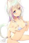  1girl animal_ears bangs bare_arms bare_shoulders bikini blue_bikini blue_eyes blush breasts cat_ears cat_girl cat_tail chita_(ketchup) closed_mouth commentary_request double_v eyebrows_visible_through_hair hair_between_eyes hands_up highres looking_at_viewer multicolored_hair navel original purple_hair signature silver_hair simple_background sitting small_breasts smile solo streaked_hair swimsuit tail v wariza white_background 