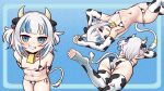  1girl animal_ears animal_print arkeden_razeare arm_warmers arms_behind_back bell bikini blue_hair breasts collar commission cow_ears cow_horns cow_print cow_tail cowbell gawr_gura gills grin hair_ornament highres hololive hololive_english horns multicolored_hair navel shark_hair_ornament sharp_teeth side-tie_bikini silver_hair small_breasts smile solo streaked_hair swimsuit tail teeth thigh-highs two-tone_hair two_side_up virtual_youtuber 