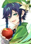 1boy androgynous apple bangs beret black_hair blue_hair bow braid collared_cape commentary_request corset flower food frilled_sleeves frills fruit genshin_impact gradient_hair green_eyes green_headwear hair_flower hair_ornament hat highres holding holding_food holding_fruit leaf long_sleeves looking_at_viewer male_focus multicolored_hair open_mouth short_hair_with_long_locks simple_background smile solo totomagg twin_braids venti_(genshin_impact) white_background white_flower 