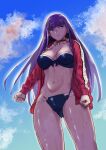  1girl absurdres aoba_(smartbeat) bangs beach bikini black_bikini blue_eyes blue_sky breasts cross_choker earrings eyebrows_visible_through_hair fate/grand_order fate_(series) frilled_bikini frills highres jacket jewelry large_breasts long_hair looking_at_viewer martha_(fate) martha_(swimsuit_ruler)_(fate) navel open_clothes open_jacket purple_hair red_jacket sky solo swimsuit 
