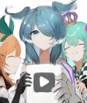  3girls =_= absurdres animal_ears bangs black_gloves blue_eyes blue_hair brown_hair dragon_ears dragon_girl elira_pendora eyebrows_visible_through_hair finana_ryugu gloves green_hair green_ribbon grey_gloves hair_over_one_eye hair_ribbon head_fins highres kakaeru mermaid monster_girl multiple_girls nijisanji nijisanji_en one_eye_covered pomu_rainpuff ribbon single_glove smile virtual_youtuber youtube_creator_award 