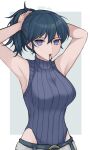  1girl absurdres alternate_hairstyle armpits arms_up artist_name bangs banned_artist bare_arms bare_shoulders blue_eyes blue_hair breasts byleth_(fire_emblem) byleth_eisner_(female) commentary commentary_request fire_emblem fire_emblem:_three_houses hair_between_eyes highres large_breasts ponytail shimizu_akina sleeveless solo turtleneck twitter_username upper_body 