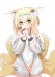  animal_ear_fluff animal_ears arknights ass_visible_through_thighs blonde_hair blue_hairband commentary covered_navel cowboy_shot fox_ears fox_girl fox_tail green_eyes hairband hands_together highres jacket kitsune kyuubi long_hair looking_at_viewer multiple_tails off_shoulder open_clothes open_jacket parted_lips sailor_collar simple_background suzuran_(arknights) swimsuit tail thigh_gap white_background white_jacket white_swimsuit yinxiang 