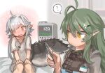 2girls ? @_@ ahoge antenna_hair arknights black_vest blush buchi0122 cardiogram commentary crocodilian_tail d-pad d-pad_hair_ornament dress full-face_blush gavial_(arknights) green_hair hair_ornament heart highres holding holding_pen hospital_gown id_card long_hair looking_at_another looking_away looking_down multiple_girls open_mouth pen pointy_ears sitting spoken_question_mark sweat tail tomimi_(arknights) vest white_dress white_hair yellow_eyes yuri