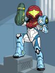  1girl arm_cannon armor chibi glowing guilhermerm helmet highres looking_at_viewer metroid metroid_dread mole power_armor samus_aran science_fiction sidelocks simple_background solo varia_suit visor weapon 