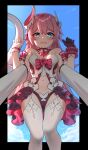  1girl absurdres blue_eyes breasts fang gloves highres honkai_(series) honkai_impact_3rd horns lifting_person long_hair looking_at_viewer navel open_mouth panties pink_hair pov pov_hands rozaliya_olenyeva single_glove sky small_breasts solo_focus tail thigh-highs underwear white_legwear 