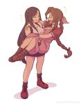  2girls absurdres aerith_gainsborough brown_footwear brown_hair carrying closed_mouth dress english_commentary final_fantasy final_fantasy_vii full_body highres joanna_went_bananas multiple_girls pink_dress princess_carry simple_background smile tifa_lockhart white_background 
