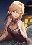  1girl black_ribbon blonde_hair china_dress chinese_clothes dress eyebrows_visible_through_hair girls_frontline hair_ribbon long_hair looking_at_viewer night official_alternate_costume open_mouth ots-14_(girls_frontline) partially_submerged ribbon sao7 sky sleeveless sleeveless_dress star_(sky) starry_sky upper_body yellow_eyes 