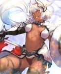  1girl animal_ears armor bangs bikini bikini_top black_bikini black_gloves black_legwear body_markings breasts caenis_(fate) cape commentary dark-skinned_female dark_skin elbow_gloves fate/grand_order fate_(series) faulds gauntlets gloves greaves grin headpiece highres large_breasts long_hair looking_at_viewer navel otsukemono pauldrons polearm red_cape red_eyes revision shield shoulder_armor smile solo spear swimsuit tattoo thigh-highs very_long_hair waist_cape weapon white_bikini white_hair 