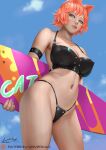  1girl animal_ears ariverkao arm_strap bangs bikini black_bikini blue_sky breasts brown_eyes cat_ears dated day facing_viewer highleg highleg_bikini large_breasts lips looking_to_the_side navel orange_hair original outdoors patreon_logo short_hair signature sky solo surfboard swimsuit 