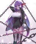  1girl absurdres bangs bb_(fate) bb_(fate)_(all) black_coat black_skirt blush breasts chain coat fate/extra fate/extra_ccc fate_(series) gloves hair_ribbon high-waist_skirt highres kamehito large_breasts leotard long_hair long_sleeves looking_at_viewer neck_ribbon open_clothes open_coat petals popped_collar purple_hair red_ribbon ribbon skirt smile solo thighs very_long_hair violet_eyes white_gloves white_leotard wide_sleeves 