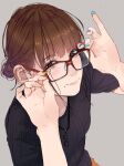  1girl adjusting_eyewear bangs black_shirt blush brown_hair closed_mouth glasses grey_background hair_bun hands_up highres jewelry long_hair long_sleeves looking_at_viewer mole mole_under_mouth nail_polish necklace original red-framed_eyewear saitou_(lynx-shrike) shirt simple_background smile solo violet_eyes 