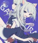  2girls absurdres back-to-back bloop_(gawr_gura) blue_background character_name dual_persona gawr_gura grin highres hikap hololive hololive_english locked_arms looking_at_viewer multiple_girls sharp_teeth silver_hair smile teeth virtual_youtuber 