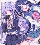  2girls :d bad_anatomy bangs black_gloves black_ribbon black_skirt blue_eyes blue_hair blush bow braid collared_shirt commentary_request dangan_ronpa:_trigger_happy_havoc dangan_ronpa_(series) gloves hair_ornament hair_ribbon hairclip highres jacket kirigiri_kyouko long_hair long_sleeves looking_at_viewer maizono_sayaka miniskirt multiple_girls necktie notice_lines open_mouth orange_neckwear osshouri55 pink_bow pleated_skirt purple_hair ribbon school_uniform serafuku shirt single_braid skirt smile thigh-highs thinking violet_eyes white_shirt 