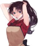  1girl adjusting_hair apron armpit_peek armpits black_hair blue_eyes breasts collared_shirt fate/stay_night fate_(series) hair_tie hair_tie_in_mouth hand_in_hair highres long_hair looking_at_viewer mouth_hold partially_unbuttoned ponytail red_shirt ribbon shimatori_(sanyyyy) shirt short_sleeves simple_background solo sweatdrop tohsaka_rin tying_hair up_sleeve white_background 