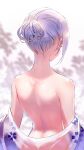 1girl back bangs bare_shoulders blurry blurry_background clothes_down copyright_request facing_away floral_print from_behind hair_bun highres japanese_clothes kimono li_zhiheng nape off_shoulder outdoors print_kimono purple_hair shiny shiny_hair short_hair solo tied_hair upper_body wet 