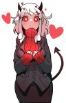  1girl :&lt; black_horns black_jacket black_skirt black_tail blazer eungi frown heart heart_eyes helltaker highres horns jacket looking_at_viewer looking_down medium_hair modeus_(helltaker) red_eyes red_sweater skirt sweater tail white_background white_hair 