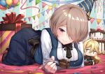  1girl :x arm_under_breasts balloon bangs bianka_durandal_ataegina birthday birthday_cake blonde_hair blush breasts brown_hair cake cake_slice closed_mouth confetti doll food fork gift hair_over_one_eye hat highres honkai_(series) honkai_impact_3rd looking_at_viewer lying mole mole_under_eye official_art on_stomach party_hat rita_rossweisse short_hair smile violet_eyes xfate 