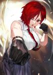  1girl bangs black_gloves breasts eyes_visible_through_hair gloves hair_between_eyes hand_up highres large_breasts necktie one_eye_closed otsudou pants punching red_eyes red_neckwear redhead short_hair sleeveless solo the_king_of_fighters vanessa_(kof) 