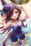  1girl :d animal_ears arms_up ball bangs bare_arms bare_shoulders beachball blue_flower blue_headwear blue_rose blue_swimsuit blush breasts brown_hair commentary_request eyebrows_visible_through_hair flower hair_over_one_eye hat hat_flower horse_ears horse_girl horse_tail long_hair meyamu one-piece_swimsuit open_mouth rice_shower_(umamusume) rose school_swimsuit small_breasts smile solo standing swimsuit tail tilted_headwear umamusume very_long_hair violet_eyes water 
