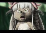  1other 4shi bangs commentary_request derivative_work fur furry helmet highres horizontal_pupils horned_helmet letterboxed long_hair made_in_abyss nanachi_(made_in_abyss) open_mouth parody realistic screencap_redraw solo sonic_(series) sonic_the_hedgehog_(film) teeth what whiskers white_hair yellow_eyes 