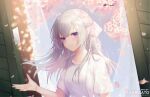  1girl absurdres arisato_yui artist_name bangs blush braid character_request cherry_blossoms closed_mouth collarbone floating_hair french_braid hair_between_eyes highres long_hair shirt short_sleeves silver_hair smile solo upper_body violet_eyes virtual_youtuber web_address white_shirt 