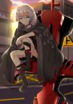  1girl absurdres benghuai_xueyuan black_footwear blue_eyes boots cape closed_mouth clouds cloudy_sky cross_(weapon) full_body hand_on_own_knee highres honkai_(series) honkai_impact_3rd looking_away miying_(13975192760) outdoors road road_sign sign sitting sky solo theresa_apocalypse torn_cape torn_clothes twilight weapon white_hair 