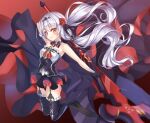  1girl axe bangs bare_shoulders black_gloves black_legwear cross_(weapon) flower full_body gloves hair_between_eyes hair_flower hair_ornament holding holding_axe holding_weapon honkai_(series) honkai_impact_3rd legs_up long_hair looking_at_viewer pinocchio_(dlekrkdwlt) red_eyes red_flower red_rose rose solo theresa_apocalypse theresa_apocalypse_(luna_kindred) thigh-highs twintails weapon white_hair 