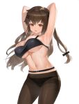  1girl armpits arms_behind_head arms_up bandeau bangs belt black_belt black_bra black_legwear black_panties bra breasts brown_eyes brown_hair commentary cowboy_shot dokomon eyebrows_visible_through_hair girls_frontline hair_between_eyes hair_ornament hairclip highres k-2_(girls_frontline) large_breasts long_hair looking_at_viewer navel open_mouth panties panties_under_pantyhose pantyhose simple_background solo standing stomach sweat under_boob underwear white_background 