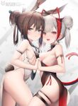  2girls :d amiya_(arknights) animal_ears antennae arknights armpit_crease bare_shoulders black_bra black_dress blue_eyes bra breast_press breasts brown_hair bunny_tail center_opening china_dress chinese_clothes commentary_request dress fake_tail hair_bun hair_ornament hair_rings hairpin highres holding_hands horns long_hair looking_at_viewer multiple_girls no_panties open_mouth orange_eyes pelvic_curtain rabbit_ears revealing_clothes sideboob silver_hair skindentation sleeveless sleeveless_dress small_breasts smile symmetrical_docking tail taitai thigh_strap thighs twintails underwear w_(arknights) white_dress younger 