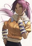  1girl bleach breasts dark-skinned_female dark_skin fagi_(kakikaki) hair_ribbon hand_on_hip long_hair parted_lips ponytail purple_hair ribbon shihouin_yoruichi simple_background solo upper_body yellow_eyes 