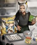  1boy 1girl absurdres animal_ears apron arknights bag baking baking_sheet bird_ears black_sweater blonde_hair blue_dress blue_hairband blurry book bowl braid buchi0122 commentary depth_of_field dress fox_ears fox_tail gloves green_eyes green_pants hairband hellagur_(arknights) highres holding holding_book kitsune kyuubi long_hair looking_at_another measuring_cup multiple_tails open_mouth pants pastry_bag spatula suzuran_(arknights) sweater tail upper_body v-shaped_eyebrows white_apron white_gloves white_hair 