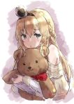 1girl aruka black_hairband blonde_hair braid crown doll_hug dress french_braid green_eyes hairband highres kantai_collection long_hair looking_at_viewer mini_crown object_hug off-shoulder_dress off_shoulder one-hour_drawing_challenge solo stuffed_animal stuffed_toy teddy_bear upper_body warspite_(kancolle) white_dress 