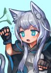  1girl animal_ear_fluff animal_ears arknights black_cape black_gloves blue_background blue_eyes buchi0122 cape cat_ears cat_girl cat_tail cat_teaser commentary fingerless_gloves gloves grey_hair grey_shirt infection_monitor_(arknights) long_hair open_mouth rosmontis_(arknights) shirt simple_background sparkle tail upper_body v-shaped_eyebrows wristband 