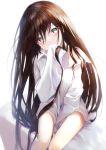  1girl bare_legs between_legs brown_hair covered_mouth dress_shirt green_eyes hair_between_eyes hand_between_legs head_tilt highres long_hair looking_at_viewer no_pants original oversized_clothes shirt sitting sleeves_past_wrists solo very_long_hair white_background white_shirt yk_(pixiv43531291) 