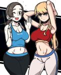  2girls black_hair blonde_hair blue_eyes blush breasts capri_pants colored_skin eyelashes grey_eyes highres large_breasts long_hair looking_at_viewer masgamjya metroid metroid_dread midriff mole mole_under_mouth multiple_girls navel open_mouth pants ponytail samus_aran simple_background smile spandex super_smash_bros. sweat tank_top towel white_skin wii_fit wii_fit_trainer wii_fit_trainer_(female) 