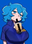  1girl bangs best_buy blue_background blue_eyes blue_hair blue_shirt breasts bubble_tea bubble_tea_challenge collared_shirt commentary_request cookie_(touhou) cup drinking drinking_straw highres kawashiro_nitori kofji_(cookie) large_breasts medium_hair shirt shitsumin simple_background solo sweat touhou upper_body 