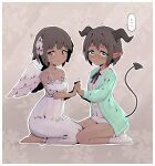 ... 2girls absurdres angel angel_and_devil aqua_cardigan bangs bare_shoulders barefoot black_horns black_neckwear black_ribbon blunt_bangs blush bob_cut border breasts brown_background brown_eyes brown_hair buttons cardigan closed_mouth collarbone collared_shirt commentary dark-skinned_female dark_skin demon_girl demon_tail dress ear_blush eyebrows_visible_through_hair feathered_wings floral_background frilled_dress frilled_sleeves frills from_side full_body green_eyes hair_intakes hair_ribbon hands_up happy highres holding_hands horns interlocked_fingers kneeling long_sleeves looking_away looking_to_the_side miniskirt multiple_girls neck_ribbon nervous nose_blush off-shoulder_dress off_shoulder open_cardigan open_clothes original outline pencil_skirt pointy_ears ribbon rune_(pixiv_25170019) seiza shiny shiny_hair shirt short_hair short_sleeves sidelocks simple_background sitting skirt small_breasts smile socks spaghetti_strap sparkle speech_bubble spoken_ellipsis sweat symmetry tail trembling wavy_mouth white_border white_dress white_legwear white_outline white_ribbon white_shirt white_skirt white_wings wings yuri 