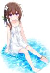  1girl anklet bangs bare_arms bare_shoulders barefoot blush brown_hair closed_mouth collarbone commentary_request dress eyebrows_visible_through_hair flower full_body hair_between_eyes hair_flower hair_ornament hairclip jewelry long_hair original shallow_water shiho_(yuuhagi_(amaretto-no-natsu)) sitting sleeveless sleeveless_dress soles solo strap_slip violet_eyes water wavy_mouth white_background white_dress white_flower yuuhagi_(amaretto-no-natsu) 