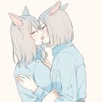  2girls animal_ears beige_background blue_shirt cat_ears cat_girl closed_eyes collared_shirt commentary_request couple eyebrows_visible_through_hair french_kiss grey_hair hand_on_another&#039;s_arm hands_on_another&#039;s_shoulders kiss long_hair medium_hair multiple_girls nekoya_saki open_collar open_mouth original school_uniform shirt shirt_tucked_in short_hair simple_background tongue tongue_out upper_body yuri 