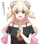  1girl blonde_hair bra_strap collarbone double_bun fang flower gradient_hair green_eyes hair_flower hair_ornament hololive long_hair momosuzu_nene multicolored_hair off-shoulder_shirt off_shoulder open_mouth pink_hair shirt solo tearing_up translated two_side_up upper_body yuu201023 