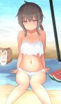  1girl b6 bangs basket beach beach_mat beach_umbrella bikini brown_hair closed_eyes food fruit girls_frontline hair_between_eyes highres looking_at_viewer m200_(girls_frontline) navel ocean sand sandals smile solo swimsuit umbrella violet_eyes watermelon white_bikini 