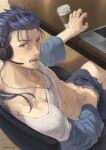  1boy abs bangs blue_hair blue_jacket blush clothes_lift computer cu_chulainn_(fate)_(all) cup fang fate/stay_night fate_(series) hand_in_underwear headset highres indoors jacket jewelry laptop male_focus mondi_hl navel necklace nipples open_mouth red_eyes shirt shirt_lift sitting solo stomach table tile_floor tiles white_shirt 