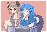  2girls 58.2kg animal_ear_fluff animal_ears bangs best_buy black_pants blue_eyes blue_hair blue_shirt blush blush_stickers border breasts commentary_request cookie_(touhou) crystal dress dual_persona eyebrows_visible_through_hair feet_out_of_frame full_body grey_dress grey_hair head_rest jewelry kawashiro_nitori kofji_(cookie) large_breasts leaning_forward looking_at_viewer medium_hair mouse_ears mouse_girl mouse_tail multiple_girls nazrin open_mouth outside_border pants pendant pink_background printer red_eyes shirt short_hair simple_background tail touhou two_side_up white_border 