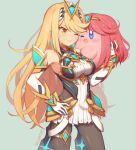  1girl bangs bare_shoulders black_legwear blonde_hair blue_eyes blush_stickers breasts chest_jewel copy_ability cosplay dress earrings elbow_gloves gloves hat headpiece jewelry kirby kirby_(series) large_breasts long_hair mythra_(massive_melee)_(xenoblade) mythra_(xenoblade) open_mouth pantyhose pyra_(xenoblade)_(cosplay) redhead short_hair simple_background smile super_smash_bros. swept_bangs tiara very_long_hair white_dress white_gloves wusagi2 xenoblade_chronicles_(series) xenoblade_chronicles_2 yellow_eyes 