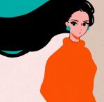 1girl black_eyes black_hair earrings flat_color floating_hair jewelry long_hair looking_at_viewer minillustration original red_shirt shirt solo upper_body 