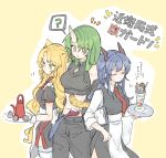  animal_ears apron arknights bangs bare_shoulders black_shirt blonde_hair blush ch&#039;en_(arknights) dragon_horns gloves green_hair hair_between_eyes horns hoshiguma_(arknights) long_hair mishima_coco multiple_girls oni_horns parfait shirt single_horn sleeveless swire_(arknights) tail tail_wrap teapot thigh-highs tiger_ears translation_request waitress 